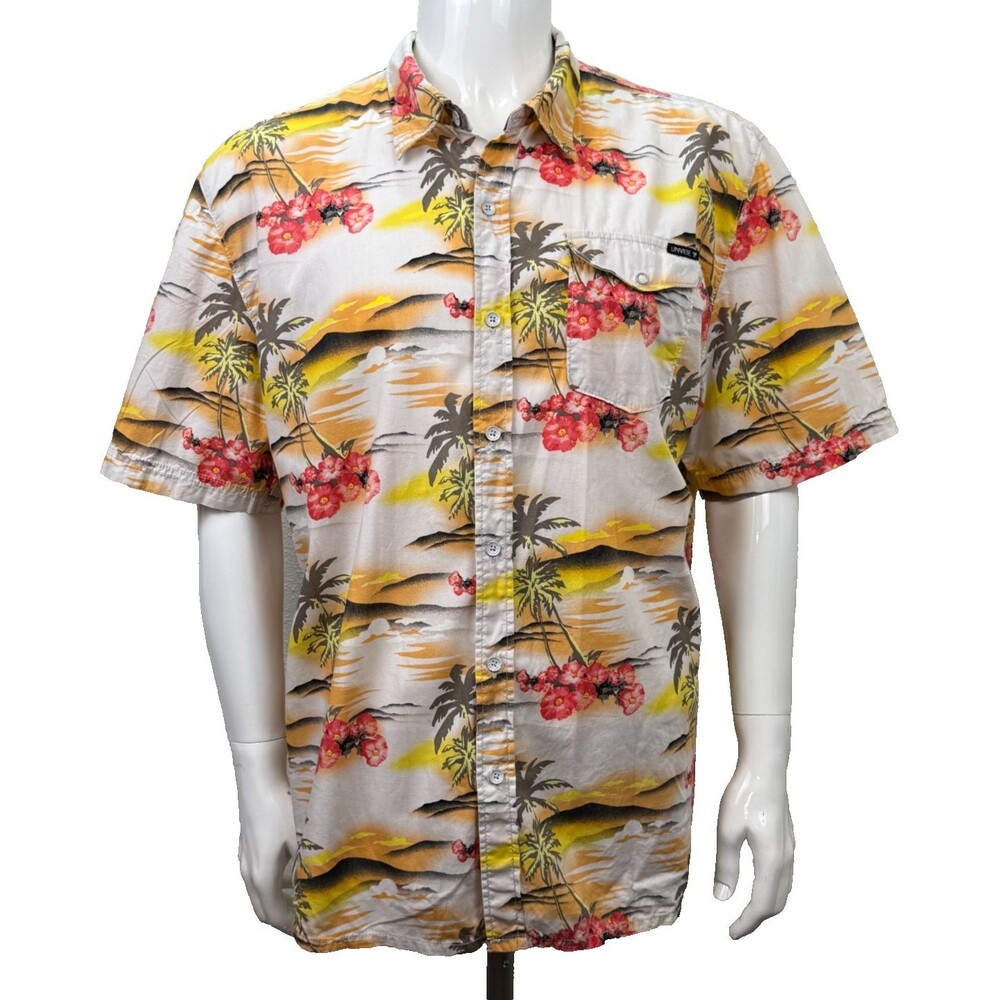 Univibe Vintage Hawaiian Shirt XL Hibiscus Floral Palm Trees Aloha Pool Party